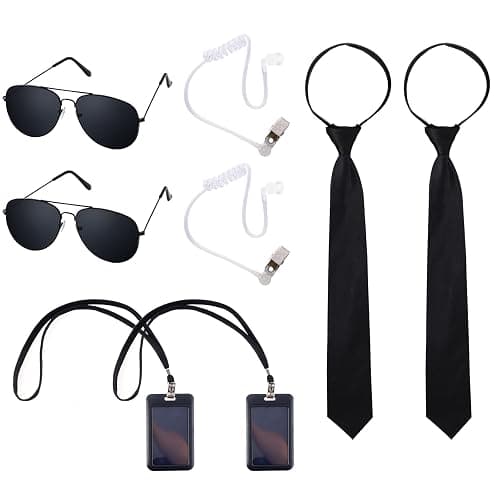 phnydreg 8Pcs Agent Costume Accessory Set Secret Security Guard with Adjustable Zipper Ties Black Sunglasses Earpiece and ID Card for Men Boys Halloween Cosplay Party - Image 1