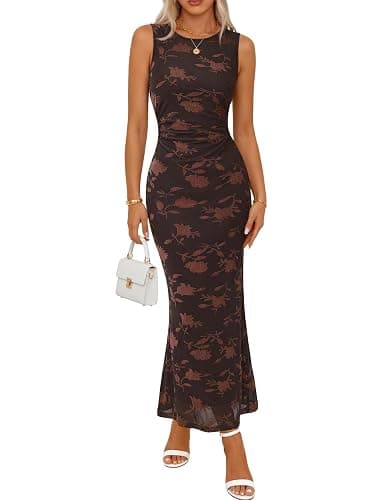 MEROKEETY Women's Summer Sleeveless Floral Bodycon Dress 2026 Spring Mesh Wedding Guest Cocktail Formal Party Maxi Dresses - Image 1