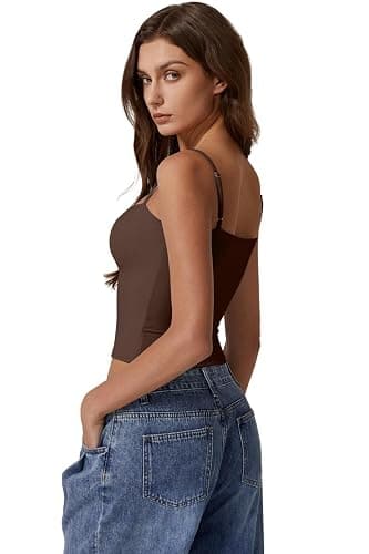 QINSEN Women's Double Lined Basic Tank Top Adjustable Spaghetti Straps Sleeveless Camisole Shirts thumbnail 4