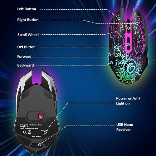 VersionTECH. Wireless Gaming Mouse, Rechargeable Computer Mouse Mice with Colorful LED Lights, Silent Click, 2.4G USB Nano Receiver, 3 Level DPI for PC Gamer Laptop Desktop Chromebook Mac-Black thumbnail 6