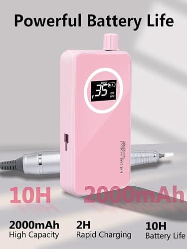 Nail Drill 50000 RPM, Electric Nail File E-File Machine with 12 Drill Bits | Rechargeable Portable Nail Drill for Acrylic Gel Nails, LCD Display, Low Noise, Home Salon Manicure Polishing Kit, Pink thumbnail 3