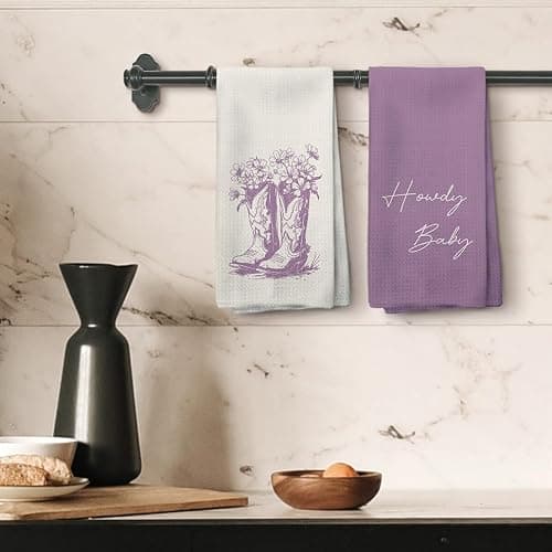Tzhim Western Kitchen Towels, Preppy Cowboy Hand Towels, Black Cowgirls Boots Floral Rodeo Dishcloths Tea Towel for Kitchen, Vintage Retro Howdy Baby KitchenBathroom Decor Set of 2, 16x24in(Purple) thumbnail 5
