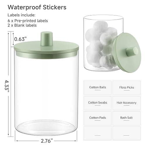 TIPGO Glass Qtip Holder Dispenser for Bathroom - 10 oz Clear Canister Apothecary Jar for Cotton Swabs, Balls, Pads, Floss Picks, Small Containers for Makeup Storage Organizer (2 Pack, Green) thumbnail 3