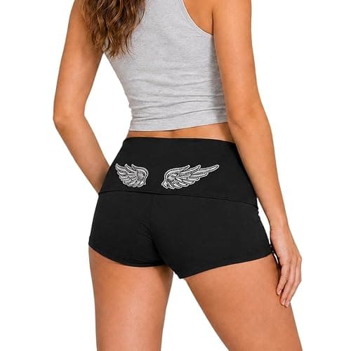 Womens Fold Over Y2k Shorts Sequin Angel Wing Lounge Bottoms Foldover Pants | Y2K Foldover Shorts, Sequin Angel Wing Fold Over Booty Shorts, Low Rise, Mini Gym Yoga Leggings, Pjs Casual Going Out Pants - Image 1