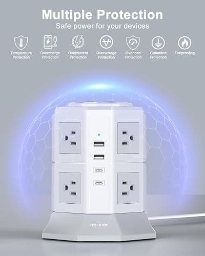 Tower Surge Protector Power Strip Flat Plugs with 8 Outlets 4 USB Ports (2 Type C), 6.5 FT Flat Extension Cord with Multiple Outlets, Charging Station with Surge Protection for Home Office Dorm thumbnail 6