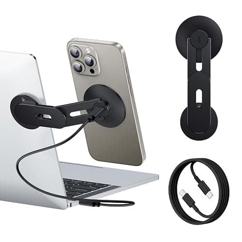 MAGDIGITEH Laptop Phone Holder, Magnetic Phone Stand 15W Fast Wireless Charger for MagSafe for iPhone 17/16/15/14/13/12 & All Phones for Tesla (Black) - Image 1