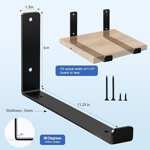 12 inch Shelf Brackets for DIY Floating Shelf, 1/5 inch Thick Heavy Duty Floating Shelf Bracket, Fit for Home, Kitchen, Bathroom, Garage, Living Room, 6-Pack Black, 11.25” x 6” x 1.5” thumbnail 3