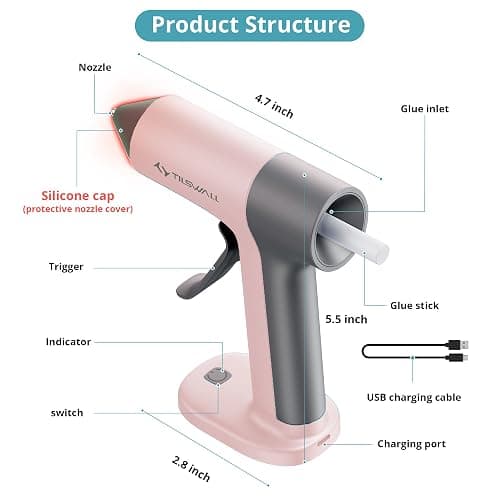 Tilswall Cordless Hot Glue Gun, 30s Fast Preheating with 2Ah Built-in Battery, Hot Melt Glue Gun with 20pcs Premius Glue Sticks, Smart Power-Off, USB-C Inputs Suitable for DIY Craft, Home Repaire Pink thumbnail 2