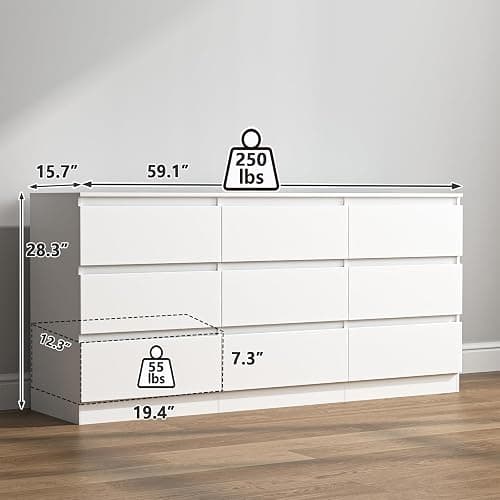 Vibe & Dine White Dresser 9 Drawer, Modern Long Dresser for Bedroom, Wood Chest of Drawers with Wide Storage for Living Room thumbnail 3