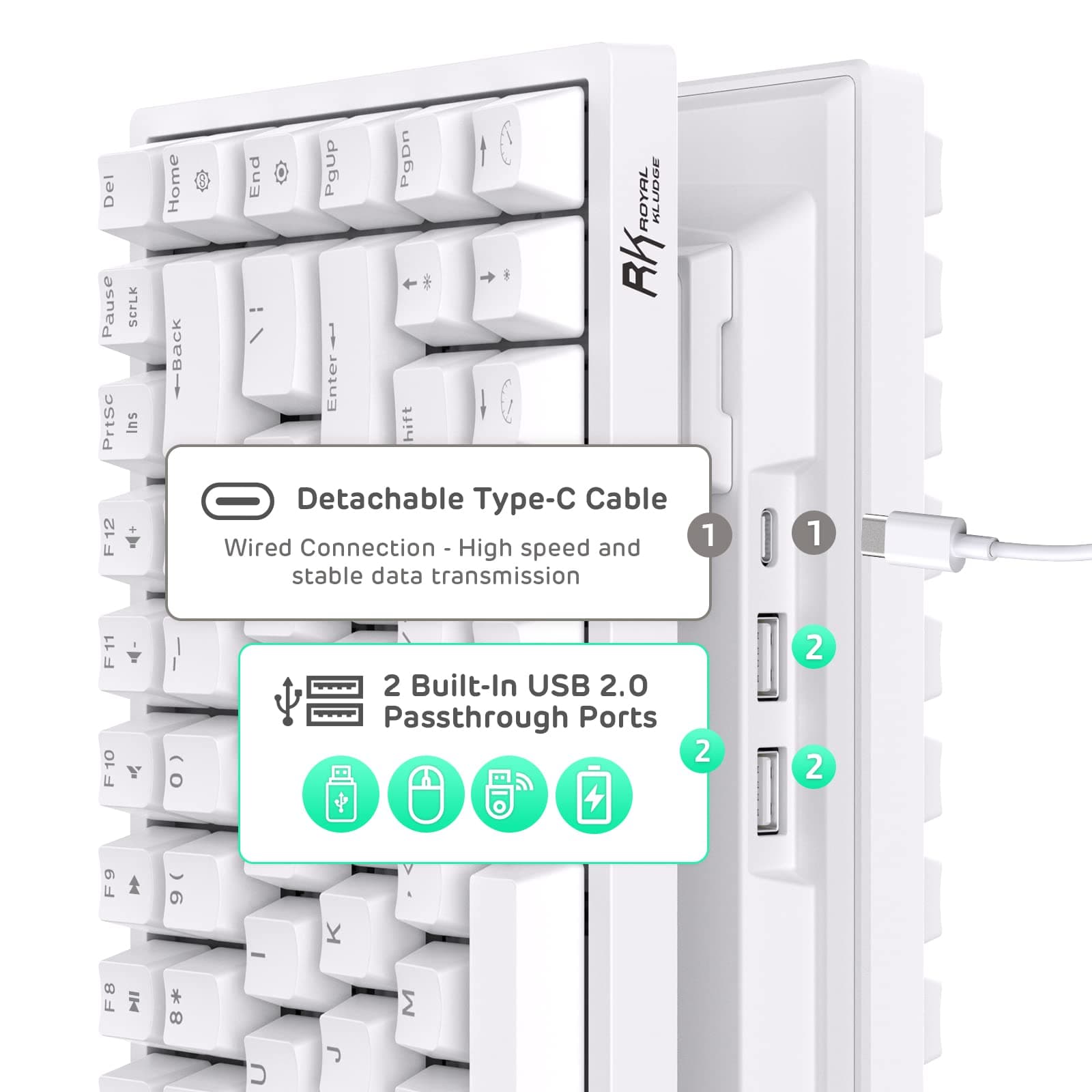 RK ROYAL KLUDGE RK84 Wireless Bluetooth/2.4Ghz 75% RGB Mechanical Gaming Keyboard, Three Modes Connectable Keyboard with Hot-Swappable Quiet Red Switch White thumbnail 6