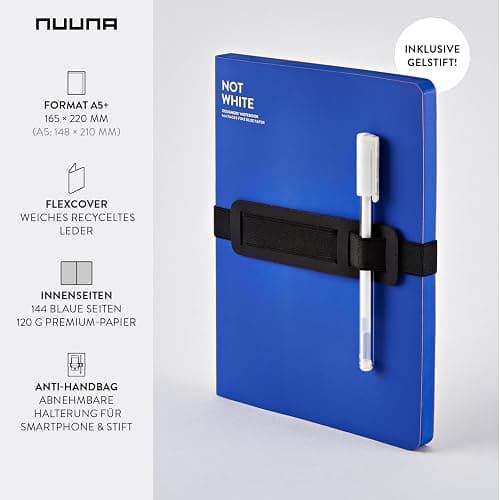 Nuuna Notizbuch A5+ | Not White L Light - Blau | 144 blaue Seiten | 120g blaues Premium-Papier | mit Stift- und Smartphonehalterung | Gelstift weiß | nachhaltig produziert in Deutschland thumbnail 2