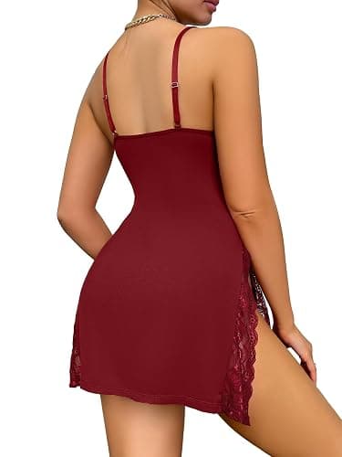 Foxiny Sexy Split Side Floral Lace Trim Full Slip Night Gown Babydoll Lingerie Dress with Thong 2 piece thumbnail 3