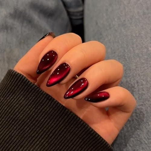 KQueenest Dark Red Press on Nails Cat Eye, Burgundy Glitter Press on Nails Almond Medium, Sparkly Shiny Fake Nails Set, Cute Bling Glue on Nails Medium for Women Christmas, Gothic Design, 30 Pcs - Image 1