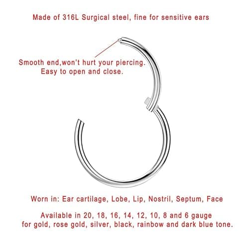 FANSING Men Women 316L Surgical Steel Hinged Nose Rings Hoop for Nostril Septum Cartilage Helix Daith Tragus Rook Conch Lip Ear Lobe Piercings thumbnail 2