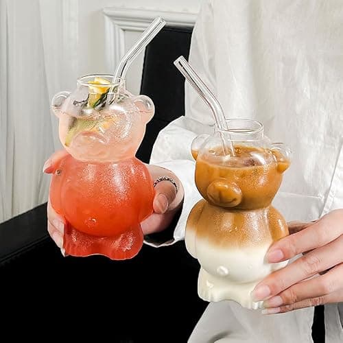 12oz Teddy Bear Glass Cup with Straw, Honey Bear Straw Coffee Tumbler, Cute Mugs, Coffee Beer Wine Cocktail Drinks Glassware (2PC) thumbnail 3