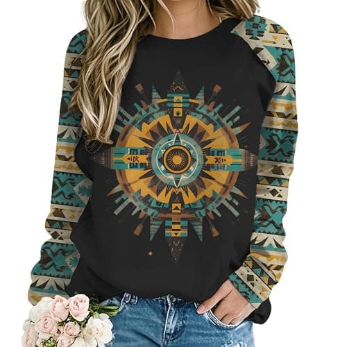 ZOCANIA Aztec Sweatshirt for Women Long Sleeve Cow Girls Outfits Womens Crewneck Loose Fit Women's Western Sweatshirts - Image 1