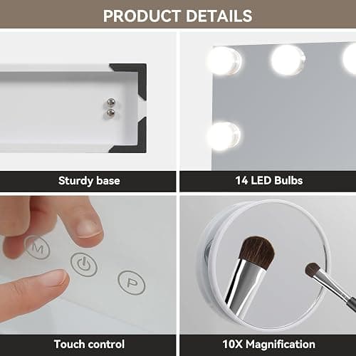 eklipt Hollywood Vanity Mirror with Lights, 50×42cm Large Lighted Makeup Mirror with 14 Dimmable LED Bulbs, Touchscreen Control, USB Output Port Tabletop or Wall Mounted Light Up Mirror For Bedroom - 50 X 12 X 42 Cm thumbnail 5