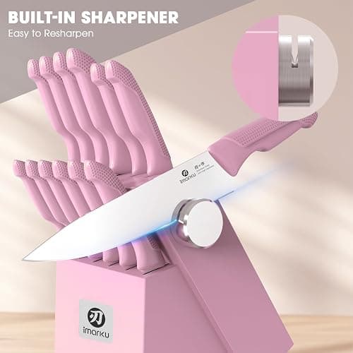 imarku Knife Set with Block, Sharp Knife Set with Built-in Sharpener, Japanese Stainless Steel Kitchen Knife Set with Non-Slip Ergonomic Handle, Dishwasher Safe, Valentine's Day Gifts, 14 PCS, Pink thumbnail 7