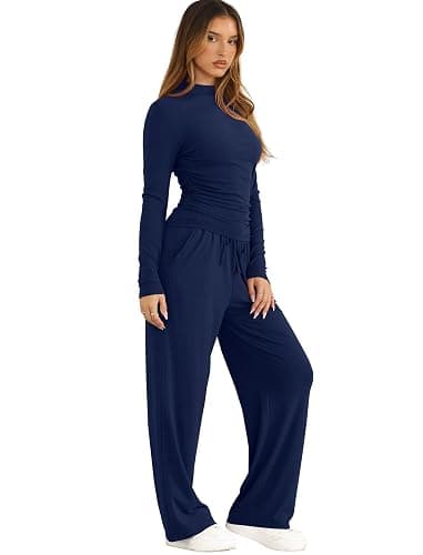Sampeel Two Piece Lounge Set for Women 2 Piece Fall Outfits 2025 Mock Neck Ruched Tops Wide Leg Pants Travel Airport thumbnail 3