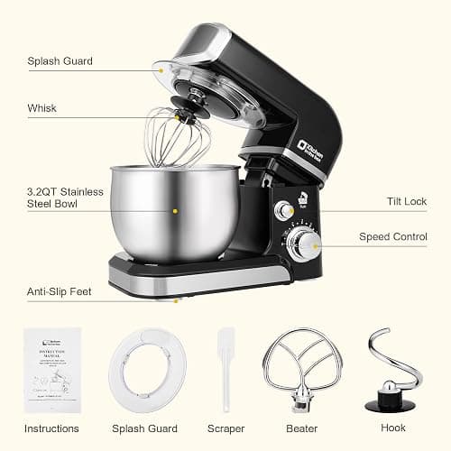 Kitchen in the box Stand Mixer,3.2Qt Small Electric Food Mixer,6 Speeds Portable Lightweight Kitchen Mixer for Daily Use with Egg Whisk,Dough Hook,Flat Beater (Black) thumbnail 4