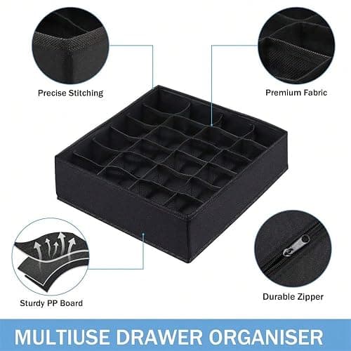 Socks Underwear Storage Box - 24 - Grid Foldable Drawer Organizer for Closet Space Saving, Black thumbnail 5
