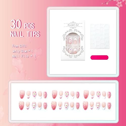 3D Pink Flower Press On Nails Nude Pink Gradient French Tip False Nails with Water Drop & Gold Starfish Decor, Medium Almond Reusable Fake Nails for Women Wedding Date (30 Pcs) thumbnail 4