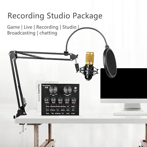 Podcast Equipment Bundle, BM-800 Recording Studio Package with Voice Changer, Live Sound Card - Audio Interface for Laptop Computer Vlog Living Broadcast Live Streaming YouTube TikTok (AM100-V8) - AM100-V8 thumbnail 2