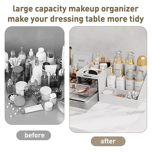 Makeup Organiser,2 In 1 Large Capacity Cosmetic Organiser With 2 Drawers And 16 Compartment, Suitable For Bathroom Bedroom Dressing Table-White/Clear thumbnail 8