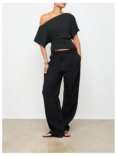 SweatyRocks Women's Off The Shoulder Crop Top Ruched Asymmetrical Dolman Short Sleeve Trendy Y2K T Shirt thumbnail 3