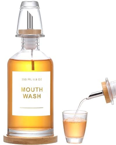 BONLONG 11.8OZ Glass Mouthwash Dispenser for Bathroom with Stainless Steel & Bamboo Nozzle, Mouthwash Cup Reusable, Bamboo Tray, and Elegant Gold Sticker.（Clear) - Image 1