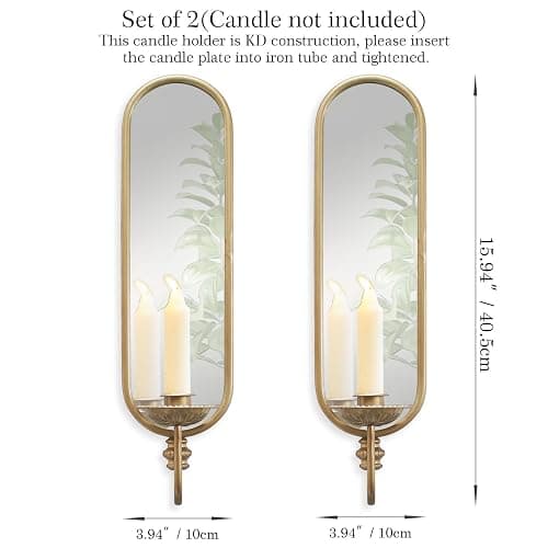 Set of 2 Vintage Gold Iron Candle Sconce and Mirror, Rustic Metal Wall Candle Holders for Pillar Candles Wall,Living Room, Bathroom, Dining Room(Size:3.94x15.94x3.9inches) thumbnail 7