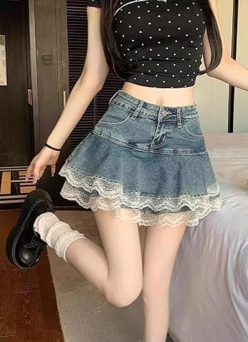 Y2K High Waist Denim Lace Mini Skirt for Women – Harajuku A-Line Ruffle Skater Skirt Kawaii Fairycore Style thumbnail 2