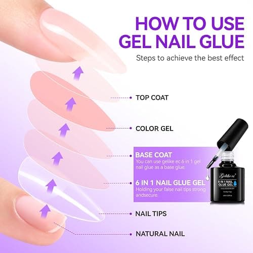Gelike ec Nagelkleber Für Kunstnägel 6 in 1Clear Extra Stark Nail Glue Für Press On Nail Glue Gel For Nail Tips Nagelkleber Gel Für Fake Nails-Brauchen Ausharten Unter UV Nagellampe 8ML thumbnail 3