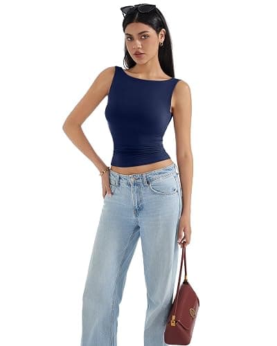 SUUKSESS Women Padded Open Back Boat Neck Tank Tops Double Lined Basic Shirts thumbnail 5