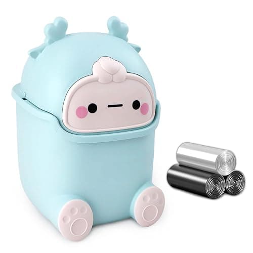 QLFJ-FurDec Cute Desktop Trash Can Wastebasket with 90 Trash Bags, Creative Tiny Countertop Garbage Can with Flip Lid, Small Plastic Storage Bin for Bedroom, Bathroom, Kitchen, Office(Sky Blue) - Image 1