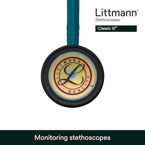 3M Littmann Classic III Monitoring Stethoscope, 5807, More Than 2X as Loud, Weighs Less, Stainless Steel Rainbow-Finish Chestpiece, 27" Caribbean Blue Tube, Brass Stem and Headset thumbnail 7
