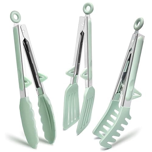 Kitchen Tongs for Cooking, 9 Inch Small Silicone Tongs, Food Grade Mini Serving Tongs with Silicone Tips, Set of 3, Green - Image 1