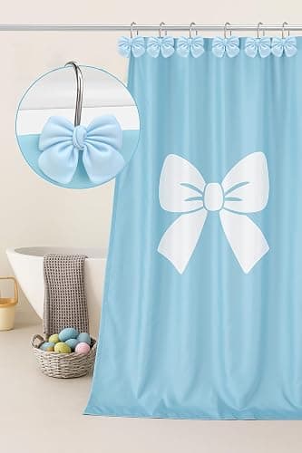 12 Soft Light Blue Shower Curtain Hooks with Bow Design - Spa Style Bathroom Decor for Coastal and Contemporary Homes, Girls Rooms thumbnail 2