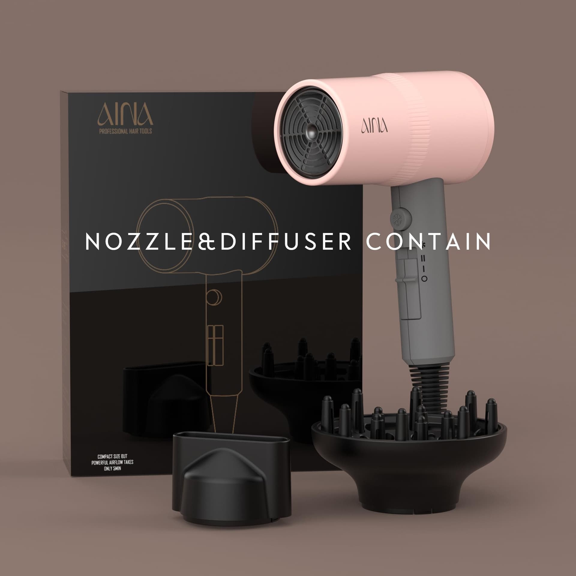 AINA Hair Dryer with Diffuser, Blow Dryer for Women | Advanced Ionic Technology, Ceramic Coating | Cold Shot Features Turbo Heat for Fast Drying and Shine (Misty Blush) thumbnail 5