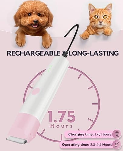4 in 1 Rechargeable Dog Clippers Grooming Kit with 2 Speeds and Low Noise | Quiet Cordless Dog Hair Trimmer for Paw Nail Grinder, Cat Grooming Clippers for Trimming Hair on Paw Eye Ear Face (Pink) thumbnail 4