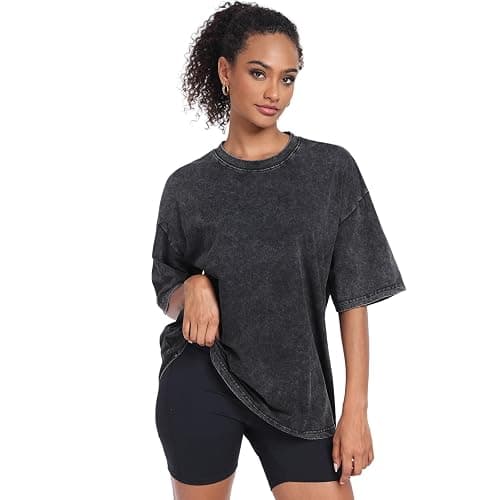 Womens Vintage Oversized T Shirts Acid Washed Baggy Cotton Tee Workout Gym Shirts Boyfriend Short Sleeve Tops thumbnail 4