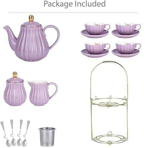 Jusalpha Porcelain Tea Set- 8 OZ Coffee/Teacup, Saucer, Cup Holder, Purple | 17-Pieces, Serve of 4- included Teapot, Creamer set, Spoons and Cup holder Stnad (FD-TW17PC SET, Purple) thumbnail 3