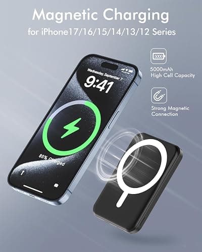 podoru for Magsafe Battery Pack, 5000mAh Magnetic Power Bank with Type-C Cable 20W PD Fast Charging Lighting Input Wireless Portable Charger for iPhone 17/16/15/14/13/12/ All Series-Black thumbnail 3
