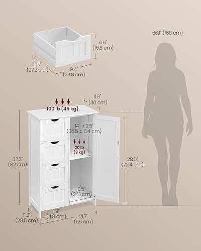 VASAGLE Storage Cabinet with Drawers, Freestanding Floor Cabinet with Door, 11.8 x 21.7 x 32.3 Inches, Adjustable Shelf, for Bathroom, Living Room, Kitchen, Cloud White ULHC041WH01S thumbnail 3