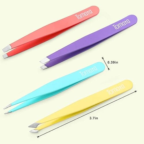 Tomata Tweezers for Eyebrows, Slant Tip and Pointed Eyebrow Tweezer Set Great Precision for Eyebrows Facial Hair, Ingrown Hair, Splinter, Blackhead and Tick Remover (4-piece) (Multi-color) thumbnail 6