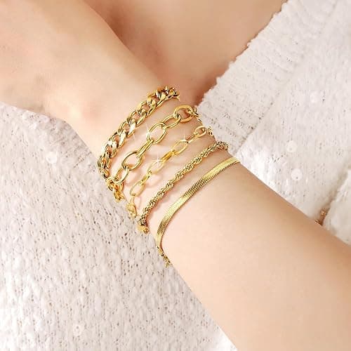 SEEDRILL Bracelets for Women Trendy Waterproof 316 Stainless Steel 18K Real Gold Plated Jewelry Sets Chunky Stackable Cuban Link Paperclip Herringbone Rope Chain Bracelet Pack Gifts Silvery/Gold-Tone thumbnail 2