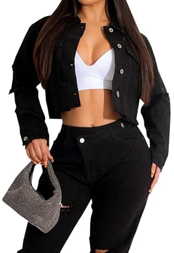 ZERMOM Women’s Long Sleeve Cropped Denim Jacket | Classic button down closure, slim fitted cropped silhouette. Versatile jean coat outerwear, for daily casual matching - Image 1