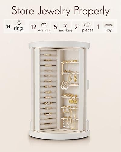 Vlando 360°Rotating Jewelry Box,Earring Organizer Large Vertical Jewelry Organizer with 6 Necklace Hooks, Open Ring Display Storage for Women - Cream White thumbnail 7