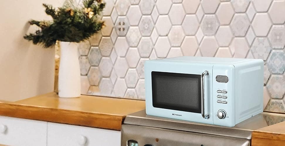 Emerson MWR7020BL Retro Compact Countertop Microwave Oven with Button Control, LED Display, 700W 5 Power Levels, 8 Auto Menus, Glass Turntable and Child Safe Lock, 0.7, Thunderbird Blue thumbnail 2