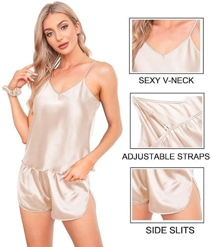 SWOMOG Women Satin Pajamas 7pcs Silk Sleepwear Sexy Cami Shorts Set Long Sleeve Button Down Pjs Loungewear with Eye Mask thumbnail 4